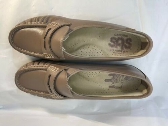 SAS Hand Sewn USA Mocha Tan Beige Leather slip-on Wedge Shoe Women 9.5 Comfy - Picture 4 of 8